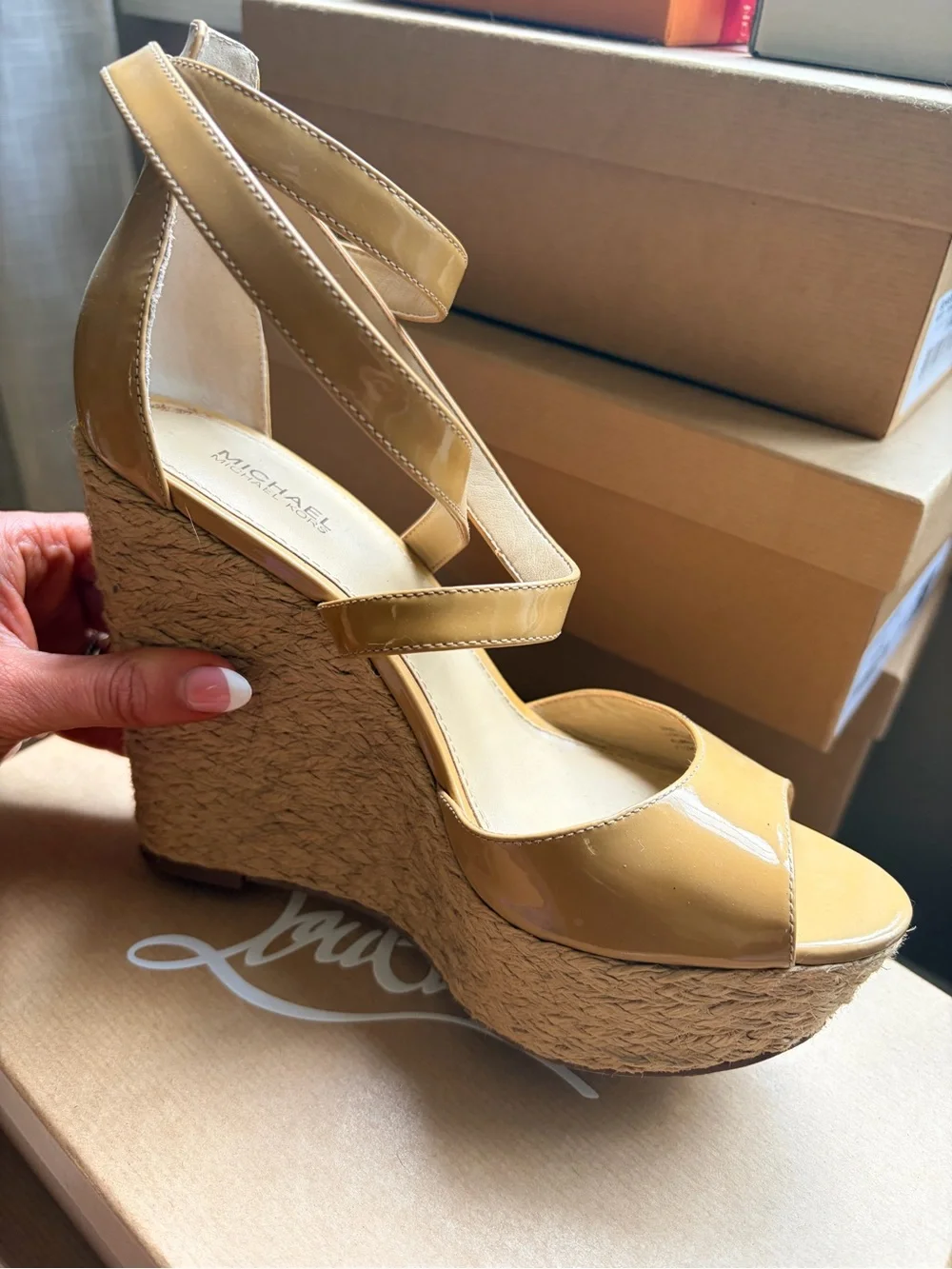 Michael Kors Patent Leather Espadrille Wedge Sandals in Mustard Tan.
